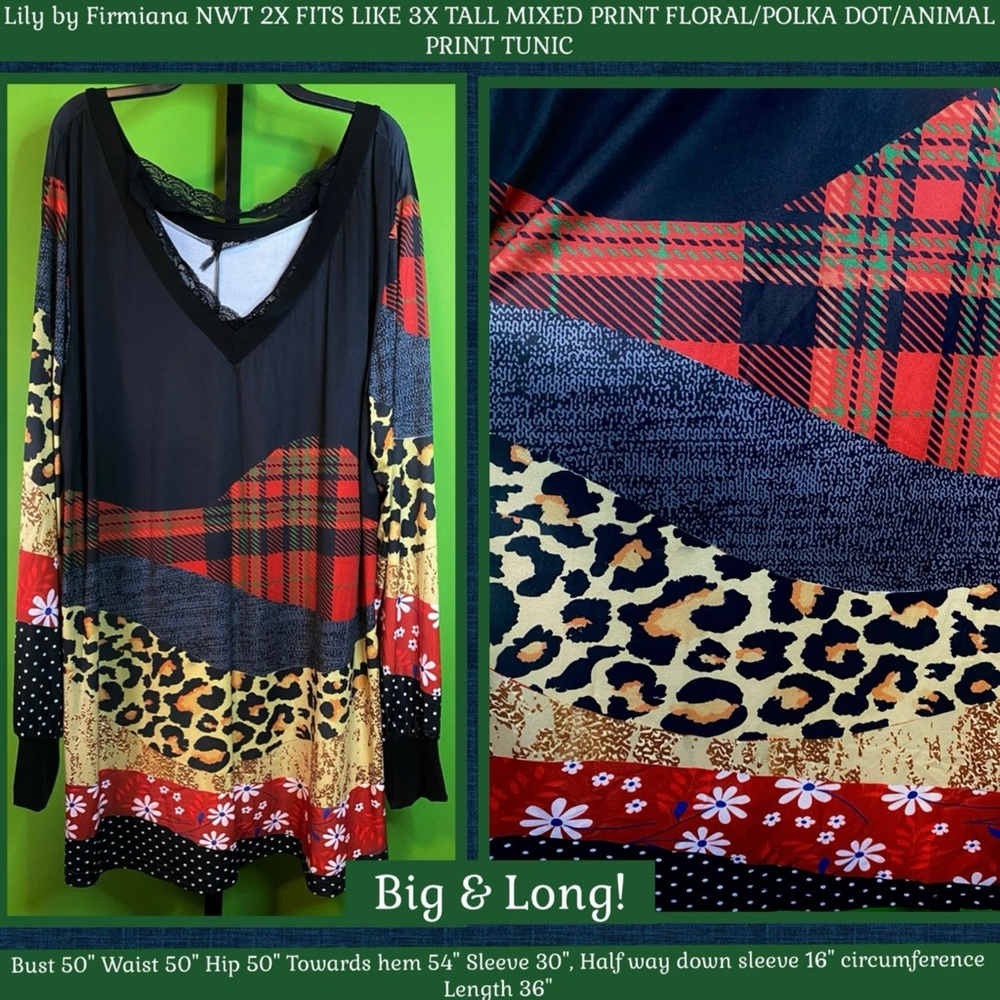 NWT 2X MEASURES  AROUND 3X TALL.MIXED PRINT FLORAL/POLKA DOT/ANIMAL PRINT TUNIC